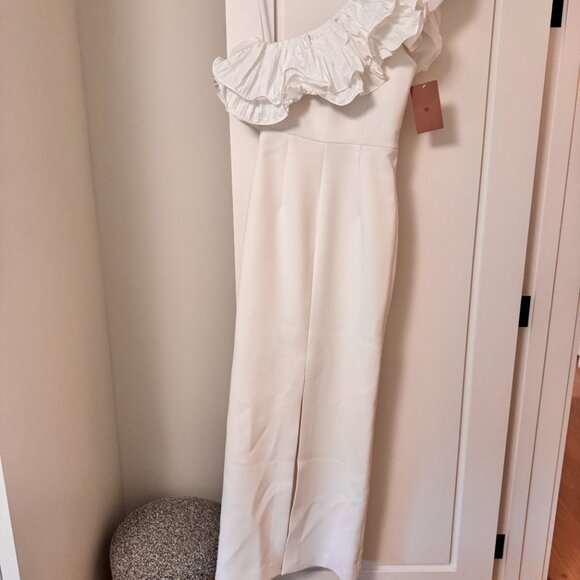 REBECCA VALLANCE CHLOE TAFFETA ONE-SHOULDER CREPE COLUMN GOWN- US 4 - Picture 7 of 8